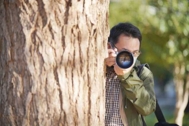 木のそばから写真を撮る眼鏡の探偵